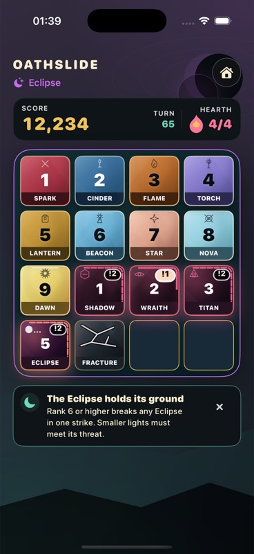 The native Oathslide game: ranks 1 to 9, three Gloom threats, an Eclipse, and a Fracture on the board.