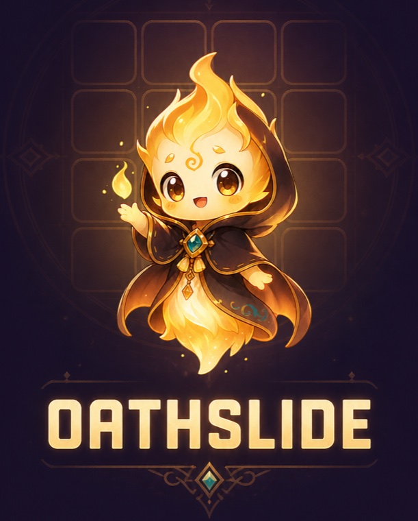 Guide Spark, a small cloaked flame spirit holding a mote of light, above the Oathslide wordmark.
