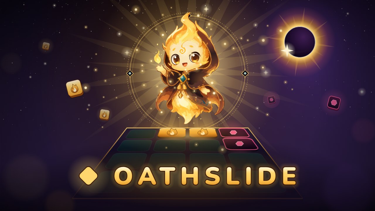 Key art: the Guide Spark, a small flame spirit in a hooded cloak, glows above a four-by-four board of lit and Gloom tiles, with the Eclipse in the night sky and the Oathslide wordmark below.